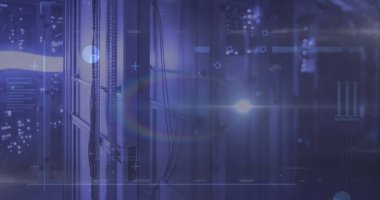 Sunucuların üzerindeki noktaların ve ışıkların resmi. Bilgisayarlar, ağ, veri işleme ve teknoloji konsepti dijital olarak oluşturuldu.