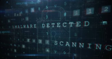 Karanlık arka plandaki veri işleme üzerindeki asma kilit görüntüsü. küresel iletişim ve veri güvenliği konsepti dijital olarak oluşturulmuş görüntü.