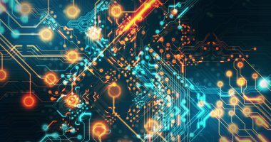 Siyah arkaplan üzerinde teknoloji devresi görüntüsü. küresel teknoloji ve dijital arayüz kavramı dijital olarak oluşturulmuş görüntü.