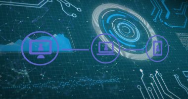 Bağlantı ağı ve tarama ve veri işleme alanına sahip simgelerin resmi. küresel ağlar, dijital arayüz ve dijital olarak oluşturulan veri işleme kavramı.