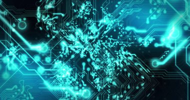 Siyah arkaplan üzerinde teknoloji devresi görüntüsü. küresel teknoloji ve dijital arayüz kavramı dijital olarak oluşturulmuş görüntü.