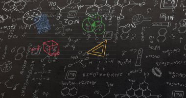 Siyah arkaplanda okul öğeleri simgeleri olan moleküllerin ve kimya simgelerinin resmi. okul, eğitim ve öğrenim konsepti dijital olarak oluşturulmuş imaj.