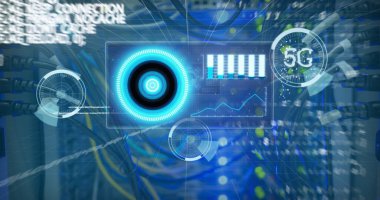 Sunucu odasında veri işleme resmi. küresel teknoloji ve dijital arayüz kavramı dijital olarak oluşturulmuş görüntü.