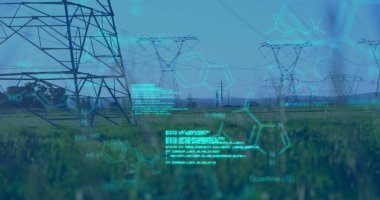 Ekranda görünen kimyasal yapıların ve program kodlarının dijital görüntüsü. Arkaplanda bir alanda iletim kuleleri görülüyor.