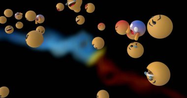 Koyu arkaplanda birden fazla emoji resmi var. Sosyal medya ve iletişim konsepti dijital olarak oluşturuldu.