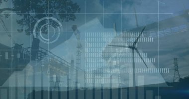 Yel değirmeninin üzerindeki veri işleme ve simgelerin resmi. küresel bağlantı, dijital arayüz, ekoloji, enerji konsepti dijital olarak oluşturulmuş görüntü.