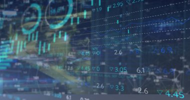 Şehirdeki finansal verilerin ve grafiklerin resmi. küresel finans, ekonomi, iş ve teknoloji konsepti dijital olarak oluşturulmuş imaj.