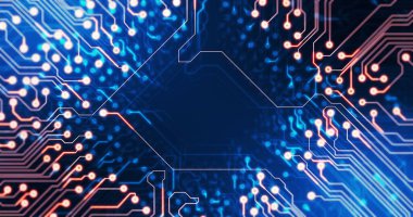 Bilgisayar devre kartında hareket eden ışık izlerinin görüntüsü. küresel hesaplama ve veri işleme kavramı dijital olarak oluşturulmuş resim.