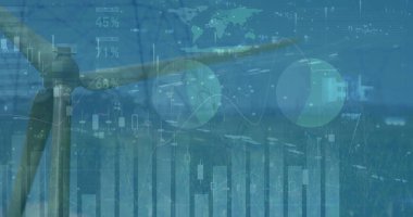 Yel değirmeninin üzerindeki veri işleme ve simgelerin resmi. küresel bağlantı, dijital arayüz, ekoloji, enerji konsepti dijital olarak oluşturulmuş görüntü.