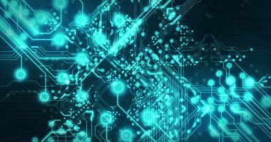 Siyah arkaplan üzerinde teknoloji devresi görüntüsü. küresel teknoloji ve dijital arayüz kavramı dijital olarak oluşturulmuş görüntü.