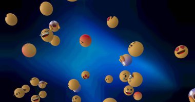 Koyu arkaplanda birden fazla emoji resmi var. Sosyal medya ve iletişim konsepti dijital olarak oluşturuldu.