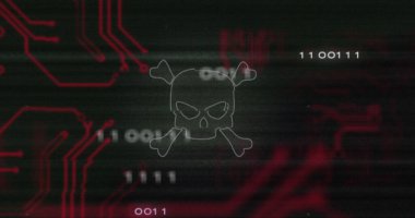 Kafatası simgesi, veri işleme ve bilgisayar devre kartı üzerindeki parazit. küresel teknoloji, bilgisayar ve dijital arayüz kavramı dijital olarak oluşturulmuş görüntü.