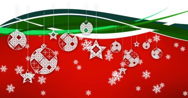 Kırmızı arka planda Noel süslerinin üzerine düşen kar görüntüsü. Noel, kış, gelenek ve kutlama konsepti dijital olarak oluşturulmuş imaj.