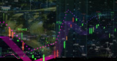 Şehirdeki finansal verilerin ve grafiklerin resmi. küresel finans, ekonomi, iş ve teknoloji konsepti dijital olarak oluşturulmuş imaj.