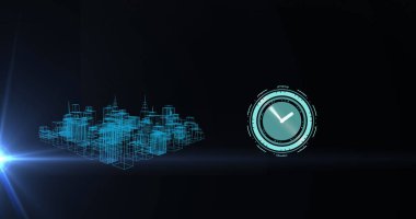 Dijital şehir modeli yerine saat resmi. küresel bağlantılar, iş dünyası, dijital arayüz, teknoloji ve ağ konsepti.