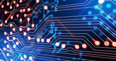 Bilgisayar devre kartında hareket eden ışık izlerinin görüntüsü. küresel hesaplama ve veri işleme kavramı dijital olarak oluşturulmuş resim.