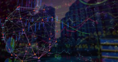 Şehir manzarası üzerindeki simgelerle bağlantı ağının resmi. ticari, ağ, bağlantılar, teknoloji ve dijital arayüz kavramı dijital olarak oluşturulmuş görüntü.