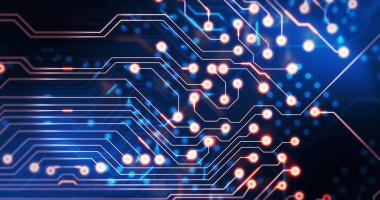 Bilgisayar devre kartında hareket eden ışık izlerinin görüntüsü. küresel hesaplama ve veri işleme kavramı dijital olarak oluşturulmuş resim.