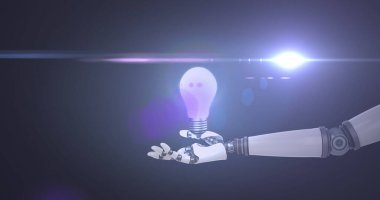 Robot kolunun üzerinde yanan ampulün görüntüsü, koyu arkaplanda hareket eden ışıkla. Elektrik mühendisliği teknolojisi, iletişim ve araştırma konsepti dijital olarak oluşturulmuş görüntü.