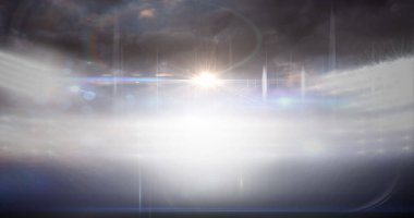 Stadyumdaki bulanık hareket eden ışıklar ve bokeh ışıklı noktalar. Spor ve rekabet, dijital olarak oluşturulmuş imaj.