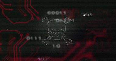 Kafatası simgesi, veri işleme ve bilgisayar devre kartı üzerindeki parazit. küresel teknoloji, bilgisayar ve dijital arayüz kavramı dijital olarak oluşturulmuş görüntü.