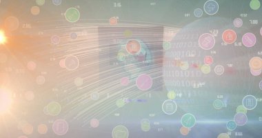 Işık noktaları ve dünya üzerindeki iş simgeleri. küresel iş ve dijital arayüz kavramı dijital olarak oluşturulmuş görüntü.