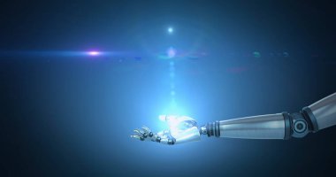 Robot kolunun üzerinde mavi ışık ve mercek parlaması, mavi arka planda hareket eden ışık. Elektrik mühendisliği teknolojisi, iletişim ve araştırma konsepti dijital olarak oluşturulmuş görüntü.