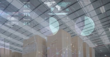 Depodaki paketlerin üzerinden finansal veri ve grafiklerin resmi. ticaret, dağıtım hizmetleri, ekonomi ve teknoloji dijital olarak üretilen imaj.