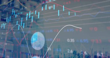 Modern bina üzerinde veri işleme görüntüsü. küresel iş, finans ve dijital arayüz kavramı dijital olarak oluşturulmuş görüntü.