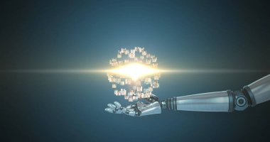 Mavi arka planda hareket eden ışığı olan robot koldan geçen insan ağı görüntüsü. Elektrik mühendisliği teknolojisi, iletişim ve araştırma konsepti dijital olarak oluşturulmuş görüntü.