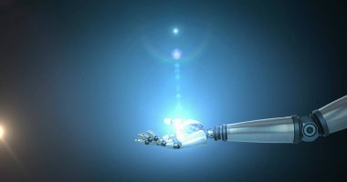 Mavi arkaplanda, robot kolunun üzerinde mercek parlaması olan mavi ışık görüntüsü. Elektrik mühendisliği teknolojisi, iletişim ve araştırma konsepti dijital olarak oluşturulmuş görüntü.