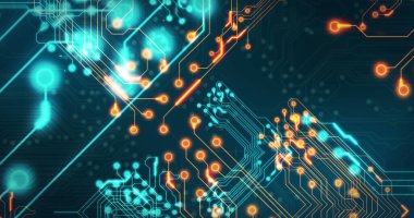 Siyah arkaplan üzerinde teknoloji devresi görüntüsü. küresel teknoloji ve dijital arayüz kavramı dijital olarak oluşturulmuş görüntü.