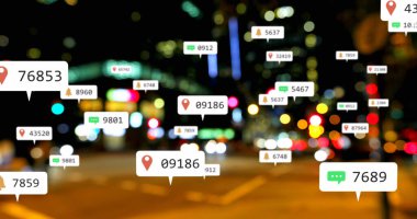 Odak trafik ışığı dışında sosyal medya simgeleri ve numaraların görüntüsü. küresel sosyal medya, bağlantılar ve dijital arayüz konsepti dijital olarak oluşturulmuş görüntü.
