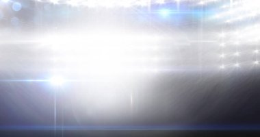 Stadyumdaki bulanık hareket eden ışıklar ve bokeh ışıklı noktalar. Spor ve rekabet, dijital olarak oluşturulmuş imaj.