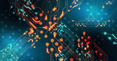 Siyah arkaplan üzerinde teknoloji devresi görüntüsü. küresel teknoloji ve dijital arayüz kavramı dijital olarak oluşturulmuş görüntü.