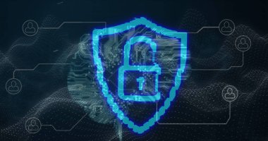 Mavi bir kalkandaki mavi asma kilidin görüntüsü. Bağlantılar ağının üzerinde sosyal simgeler var. Dijital çevrimiçi güvenlik arayüzü kavramı dijital olarak oluşturuldu