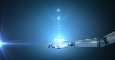 Mavi arkaplanda uzanan robot kolun üzerinde mavi ışık yansıması. Elektrik mühendisliği teknolojisi, iletişim ve araştırma konsepti dijital olarak oluşturulmuş görüntü.