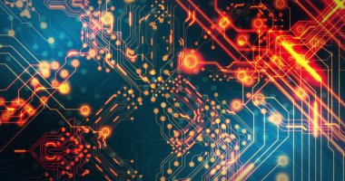 Siyah arkaplan üzerinde teknoloji devresi görüntüsü. küresel teknoloji ve dijital arayüz kavramı dijital olarak oluşturulmuş görüntü.