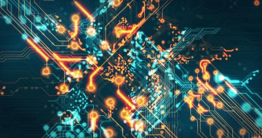 Siyah arkaplan üzerinde teknoloji devresi görüntüsü. küresel teknoloji ve dijital arayüz kavramı dijital olarak oluşturulmuş görüntü.