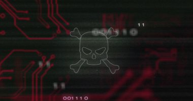 Kafatası simgesi, veri işleme ve bilgisayar devre kartı üzerindeki parazit. küresel teknoloji, bilgisayar ve dijital arayüz kavramı dijital olarak oluşturulmuş görüntü.