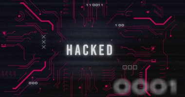 Hacklenmiş metin, veri işleme ve bilgisayar devre kartı üzerindeki parazit görüntüsü. küresel teknoloji, bilgisayar ve dijital arayüz kavramı dijital olarak oluşturulmuş görüntü.