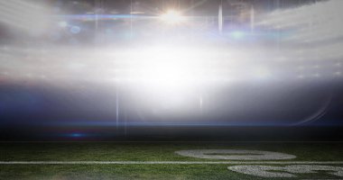 Stadyumdaki bulanık hareket eden ışıklar ve bokeh ışıklı noktalar. Spor ve rekabet, dijital olarak oluşturulmuş imaj.