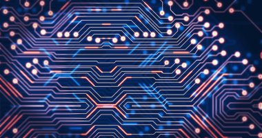 Bilgisayar devre kartında hareket eden ışık izlerinin görüntüsü. küresel hesaplama ve veri işleme kavramı dijital olarak oluşturulmuş resim.