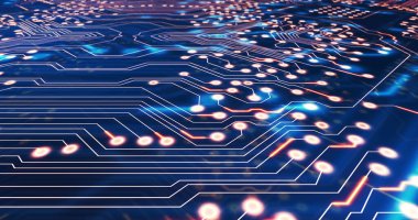 Bilgisayar devre kartında hareket eden ışık izlerinin görüntüsü. küresel hesaplama ve veri işleme kavramı dijital olarak oluşturulmuş resim.