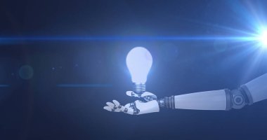 Robot kolun üzerindeki ampulün koyu arkaplanda hareket eden ışıkla görüntüsü. Elektrik mühendisliği teknolojisi, iletişim ve araştırma konsepti dijital olarak oluşturulmuş görüntü.