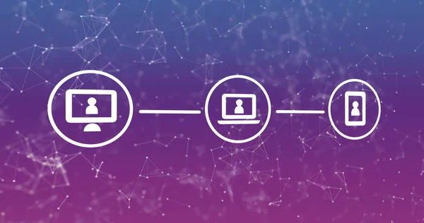 紫色背景上的图标和连接网络图像 全球业务 财务和数据处理概念数字生成的图像 — 图库照片