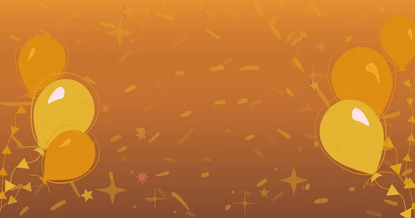 オレンジ色の背景に黄色の風船とコンフェッティの画像 お祝いパーティー伝統季節のイベントコンセプトデジタルで生成されたイメージ — ストック写真