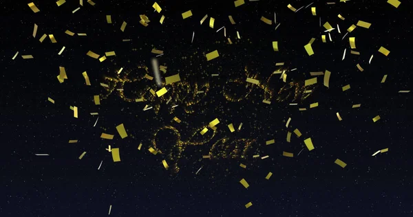 Imagen Feliz Año Nuevo Texto Oro Con Fuegos Artificiales Año — Foto de Stock