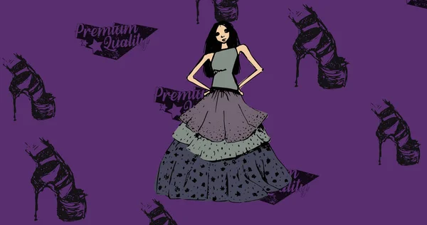 紫色の背景に靴のアイコンやモデルの画像 ファッションとアクセサリーの背景パターンコンセプトデジタルで生成された画像 — ストック写真