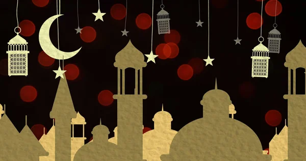 Luna Estrellas Lámparas Colgando Múltiples Iconos Mezquita Manchas Rojas Con —  Fotos de Stock